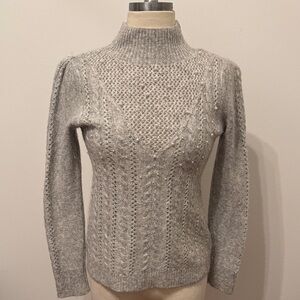 WHBM Gray Pearl Embellished Cable Knit Sweater